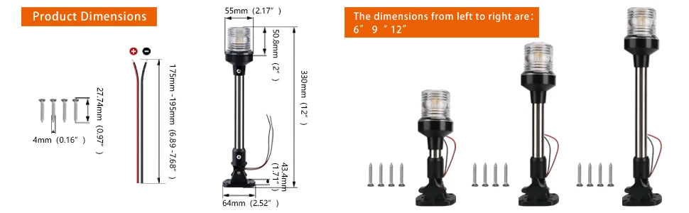 LED Fold Down Anchor Light, Sailing Signal Lamp for Marine, Boat Yacht Accessories, 12-24V