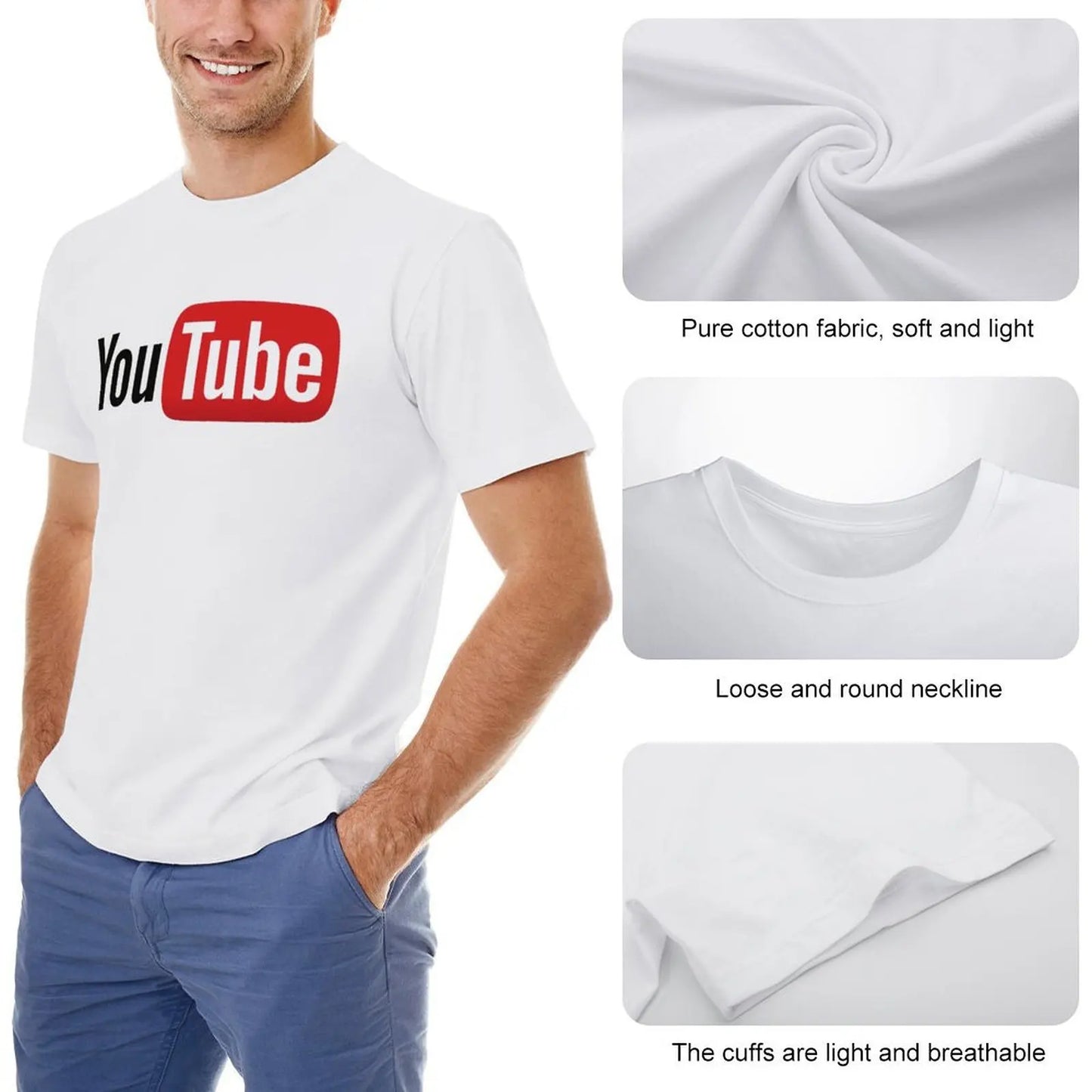 Mens T-Shirt YouTube Logo T-Shirts Fashion Video Website Summer Tees Y2K Fun Design 100% Cotton Clothes Plus Size