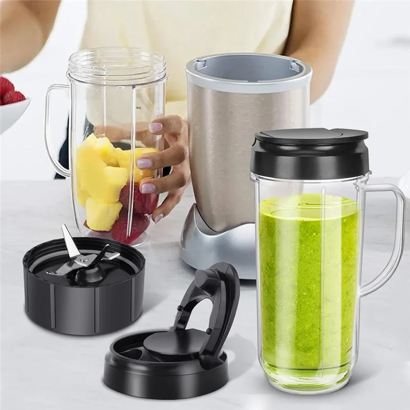 ABKJ-Blender Cups And Blade Replacement Parts 6Pcs, 22Oz Cup With Flip Top To-Go Lids & Blade For Magic Bullet Blender Juicer