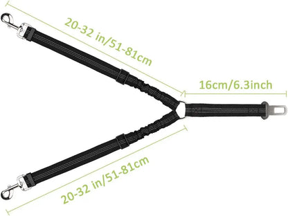 Dog Seat Belt, Double Dog Seatbelt Adjustable Vehicle Safety Leash with Elastic Bungee Buffer, Reflective No Tangle Y Shape Two