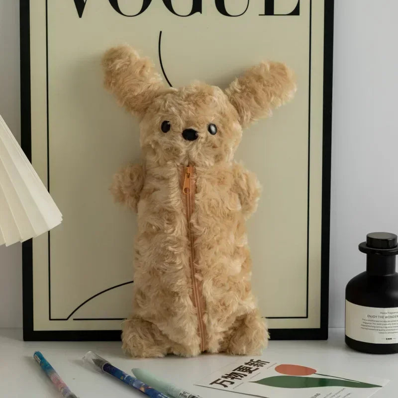 Korea Style Puppy Pencil Case Soft Plush School Stationary Big Capacity Pen Bag For Student Stationary
