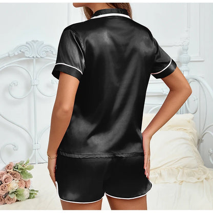 Women Silk Satin Pajamas Set Two-piece Pj Sets Sleepwear Loungewear Button-Down Pajama Women 2 Piece Pijama Homewear Shorts Set