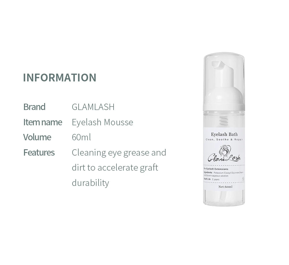 GLAMLASH 60ml No tears Formula Fruit Scent Eyelash Foam Cleanser For Lash Extension Shampoo Pump Press Lash Washing Bottles