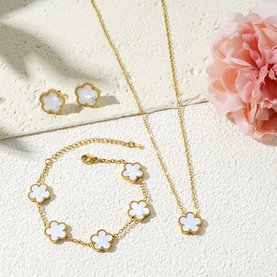 3Pcs Stainless Steel 316L Luxury Plum Blossom Plant Five Leaf Flower Necklace Earrings Bracelet For Women Gift Jewelry Sets