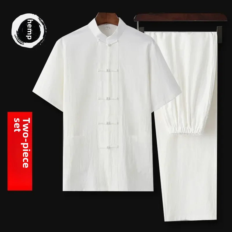 Traditional Chinese Men's Tang Suit Cotton Linen Ancient Costume Tea Servant Zen Meditation Clothing Middle Mountain Hanfu