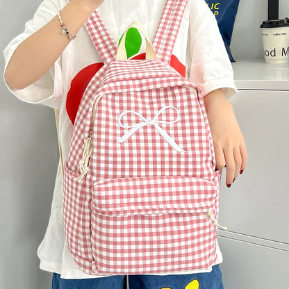 Cute Bowknot Plaid School Backpack Lightweight School Bag Nylon Student Rucksack for Girls Women High School College Work