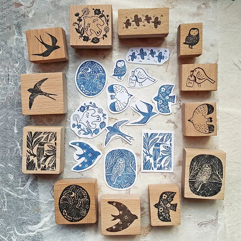Stamp Scrapbooking Supplies Flower Petal Birds Stationary Kawaii Wooden Stamps