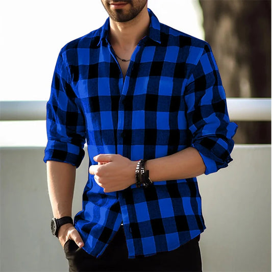 Fashion Style Black And White Plaid Shirt Men's Long-sleeve Shirt Summer New Button Lapel Shirt Street Loose Casual Top Clothing