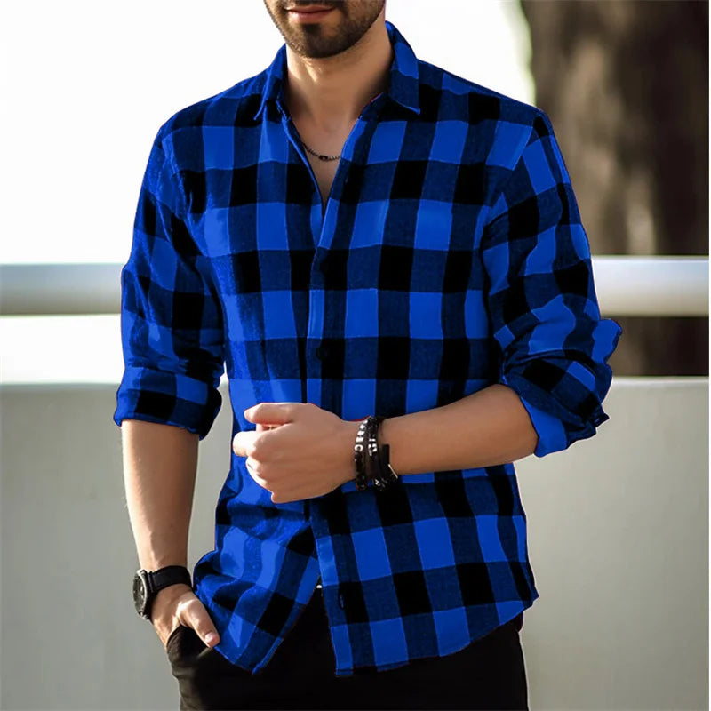 Fashion Style Black And White Plaid Shirt Men's Long-sleeve Shirt Summer New Button Lapel Shirt Street Loose Casual Top Clothing