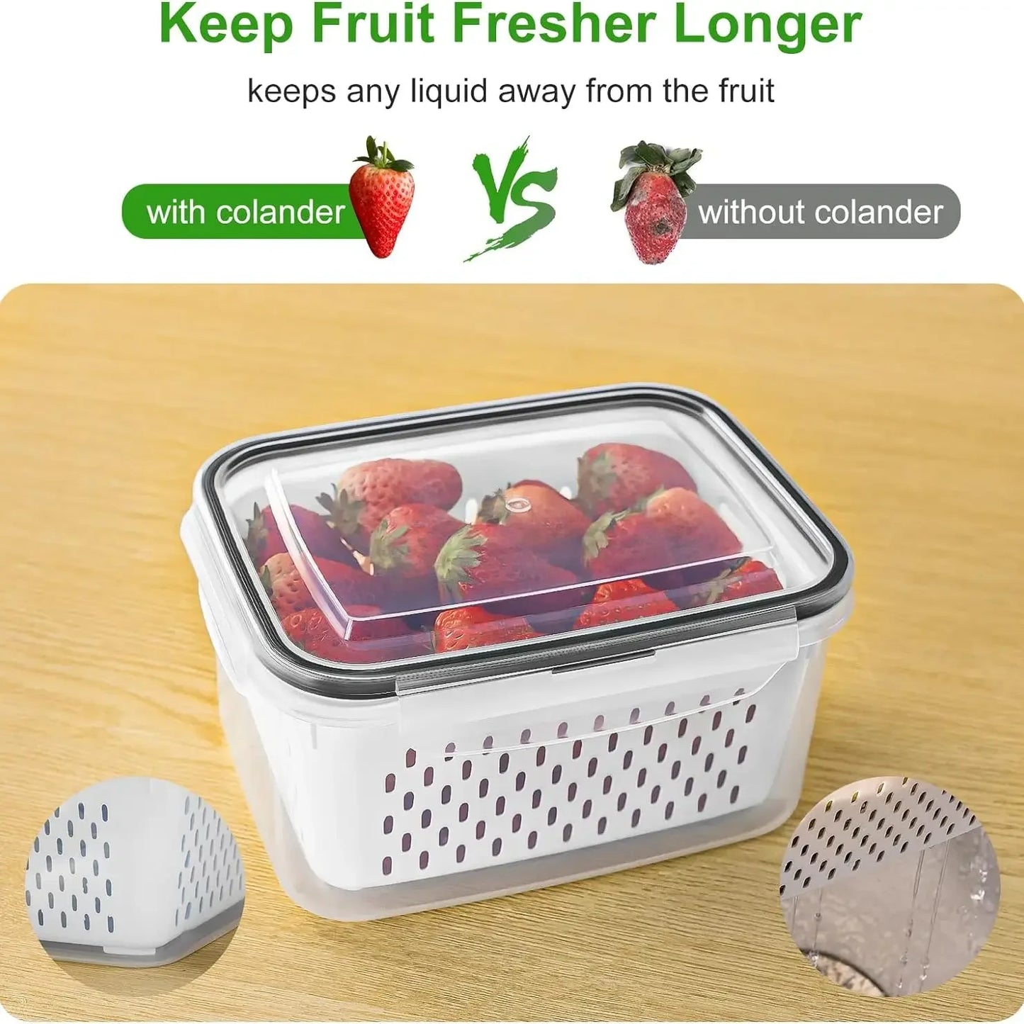 Fruit Storage Containers for Fridge with Removable Colander, Airtight Food Storage Container, Dishwasher Safe Produce Saver