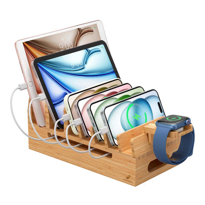 Bamboo Charging Station for Multiple Devices Desktop Docking Stations Holder for Cell Phone Tablet SmartWatch Earbuds Stand