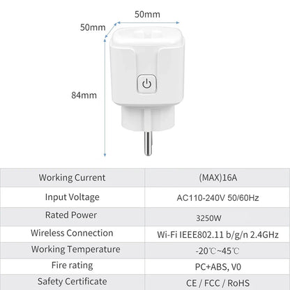 Pre Flashed TASMOTA Smart Home EU Standards WiFi Plug Works With Home Assitant Electric Consumption Monitoring 16A 100-240V
