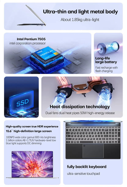 15.6 inch Laptop Computer intel Pentium 7505 Dual Core Laptops Windows 11 Pro Portable PC Gamer Notebook with Fingerprint Unlock