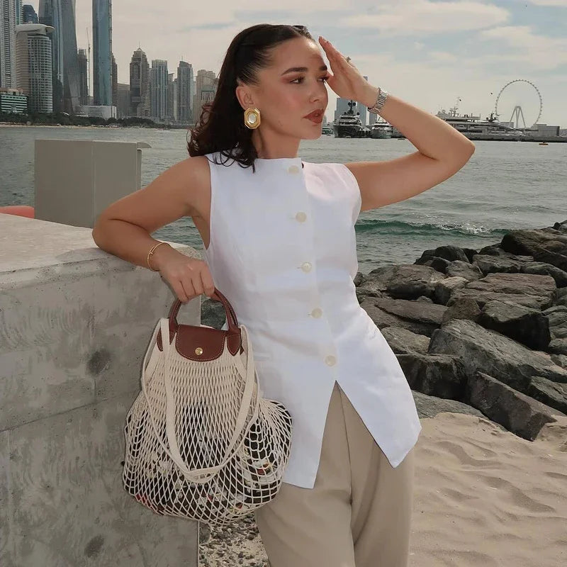 2025 Office Blazer Vest | 2-Color Stretch Waistcoat for Summer Women Workwear | Breathable Linen with Hidden Pockets