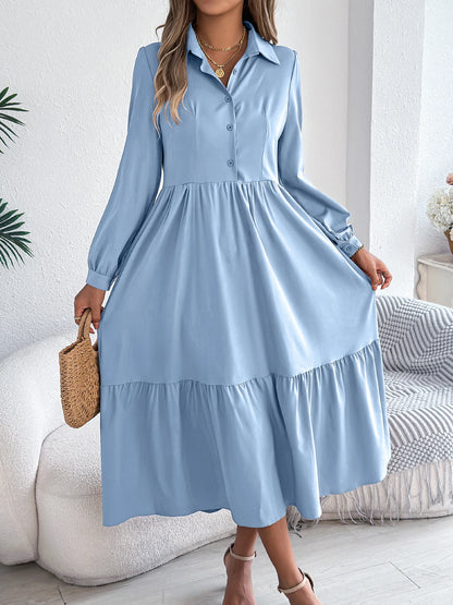 Casual Vacation Long Sleeved Turn-down Collar Single-Breasted Dress Spring Autumn Fashion Women's Clothing