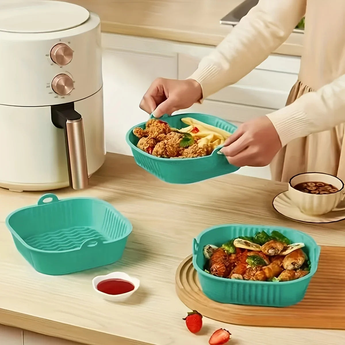 1pc Silicone Air Fryer Liners Air Fryer Liner Pots, Silicone Basket Bowls, Reusable Baking Trays, Oven Accessories, Baking Tools