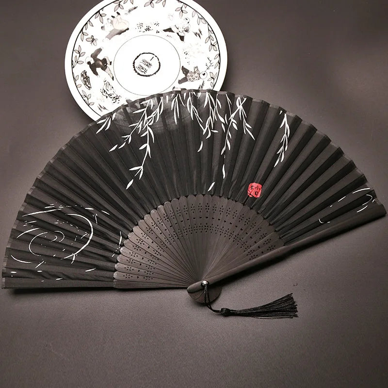 Bamboo Folding Fan Silk Chinese Fan Hand Women Black Fan Summer Female Dance Home Decoration Party Gift Home Ornament Fan Black
