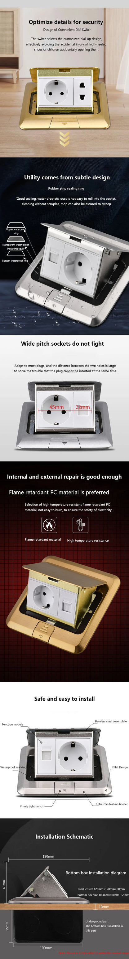 European standard hidden pop-up computer floor socket 120*120mm Gold Stainless Steel Kitchen Bedroom waterproof USB outlet plug