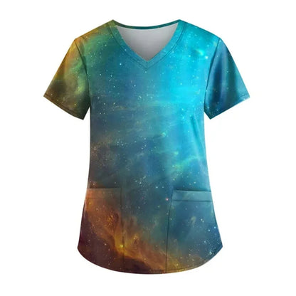 Scrubs Women Graphic with Pockets Short Sleeve Nurse Uniform Scrubs Tops Graphic Print Plus Size Work Clearance Scrub Shirts Sky