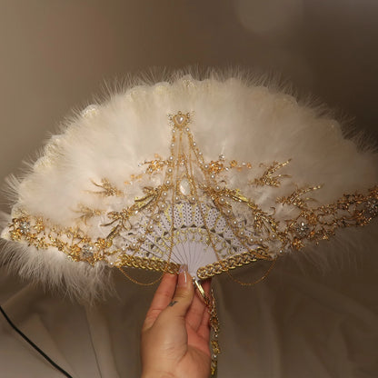 Feather Fan Lolita Dance Cheongsam Catwalk Show Folding Fan Retro Nostalgic Hanfu Fairy Lace Fan
