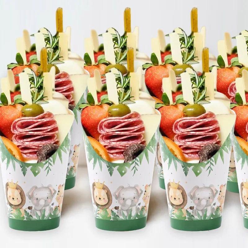 30PCS Jungle Animal Disposable Kraft Paper Slant Snack Cups Kraft Paper Slant Cups Snack Baking Cakes French Fries Containers