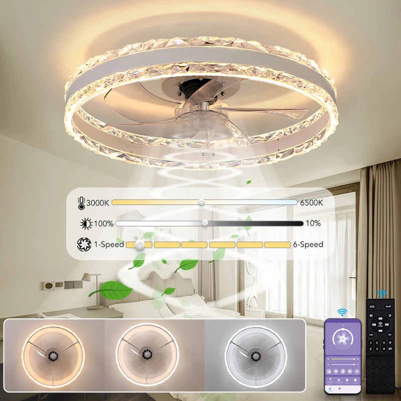Smart Ceiling Fans With Light Slim Build Dimmable 6-speed Adjustment 50cm Electric Fan Silent Deco For Bedroom Study Dining Room