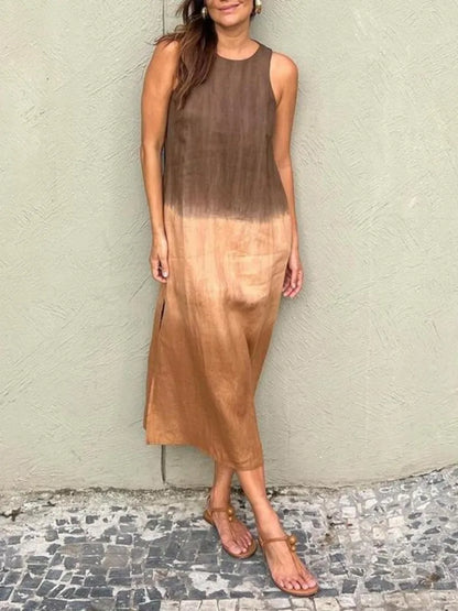 2024 Women Gradient Dress Split Sleeveless Maxi Dresses New Summer Casual Fashion Female High Street Vestidos