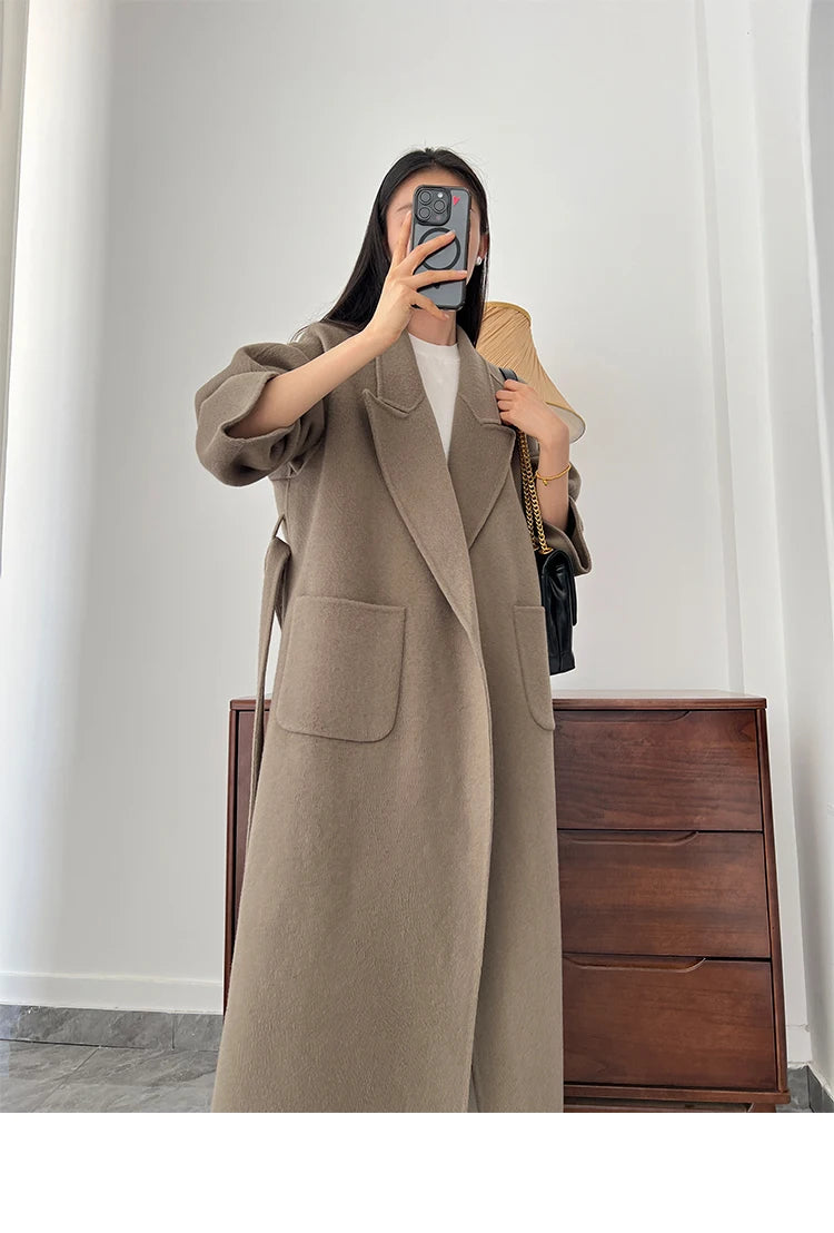 Office Lady Woolen Jackets 2024 Autumn And Winter Bathrobe Style Pocket Double-Sided Loose Lace -Up Tie Women's Long Wool Coats