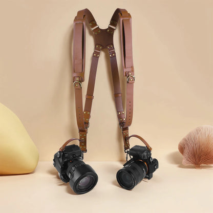 Dual Camera Strap Double Camera Harness Adjustable Leather Camera Straps Universal Camera Carrying Strap for Photographers