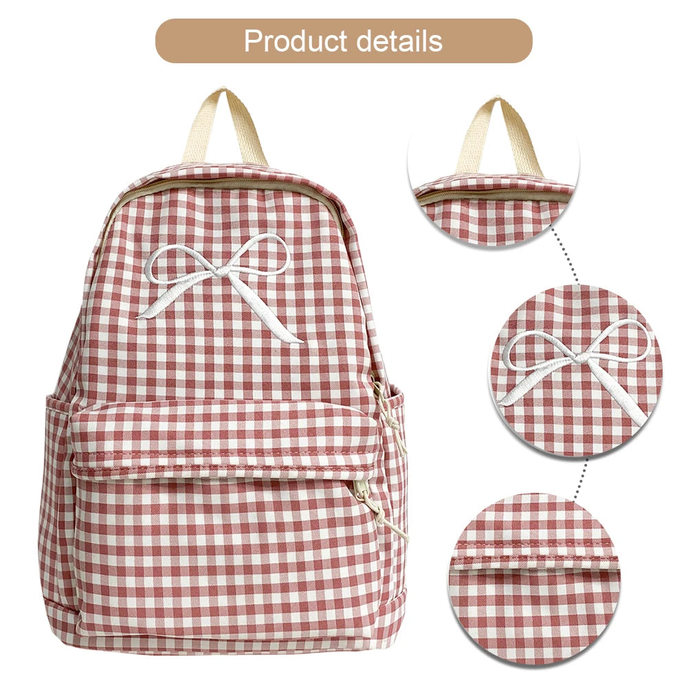 Cute Bowknot Plaid School Backpack Lightweight School Bag Nylon Student Rucksack for Girls Women High School College Work