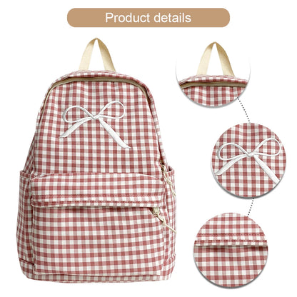 Cute Bowknot Plaid School Backpack Lightweight School Bag Nylon Student Rucksack for Girls Women High School College Work