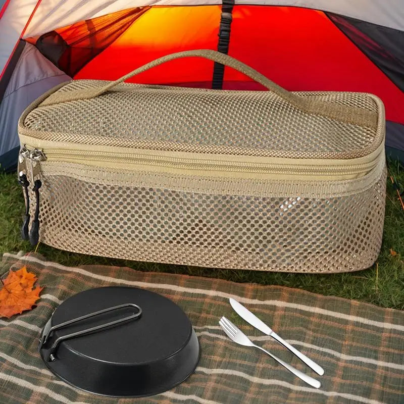 Camping Utensil Bag Road Trip Portable Cookware Pouch Large Mesh Portable Camp Utensil Bag For Picnic Barbecue Traveling