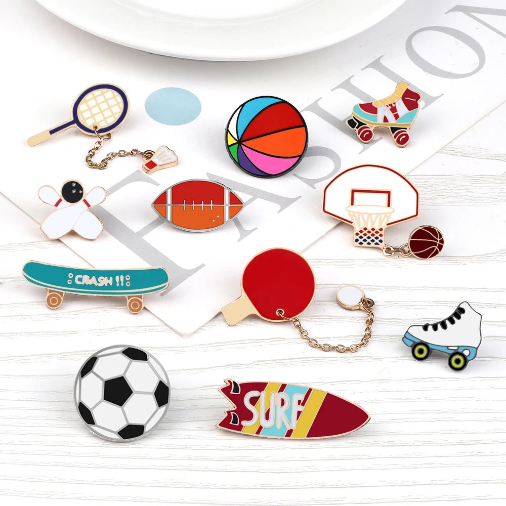 All Love Sports!Healthy Lifestyle Enamel Pins Rugby Basketball Soccer Bowling Brooches Roller Skates Badge Shirt Hat Bag Jewelry