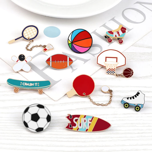 All Love Sports!Healthy Lifestyle Enamel Pins Rugby Basketball Soccer Bowling Brooches Roller Skates Badge Shirt Hat Bag Jewelry