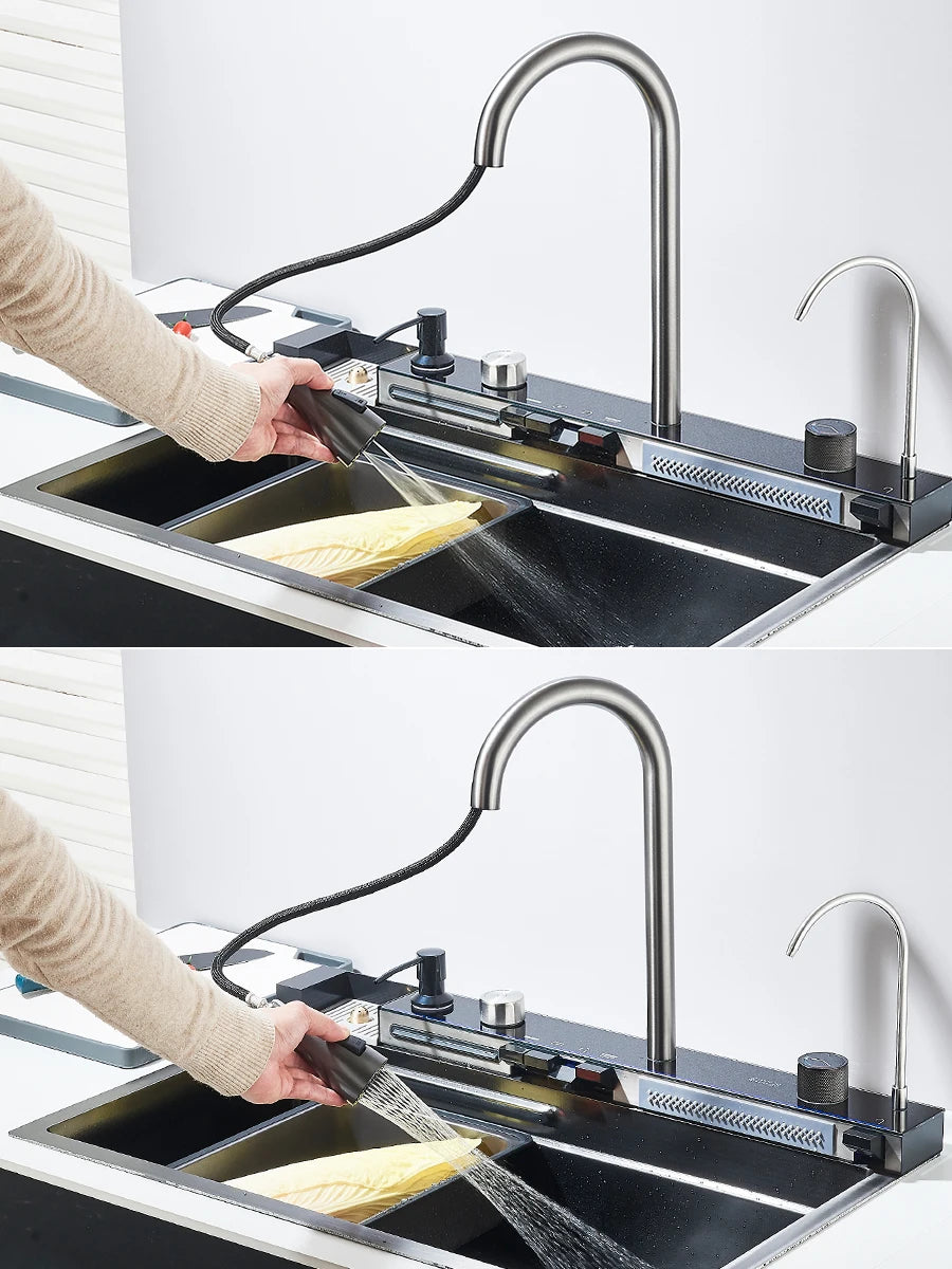 304 Stainless Steel Waterfall Kitchen Sink Large Single Slot Integrated Digital Display Faucet Set Soap Dispenser Cup Washer