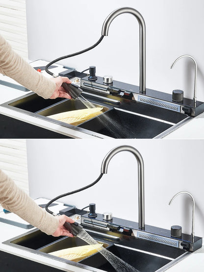304 Stainless Steel Waterfall Kitchen Sink Large Single Slot Integrated Digital Display Faucet Set Soap Dispenser Cup Washer