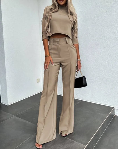 Elegant Office Lady Suits Fashion Solid Color Two Piece Set For Women Casual Crop Top+high Waist Pants Women's Sets 2024 Autumn