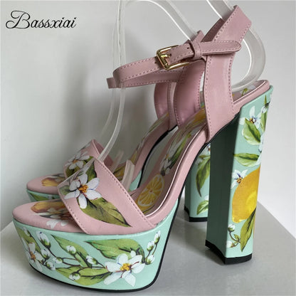 2025 Print Flower High Platform Sandals Women Chunky Heel Genuine Leather Ankle Strap Party Shoes Summer