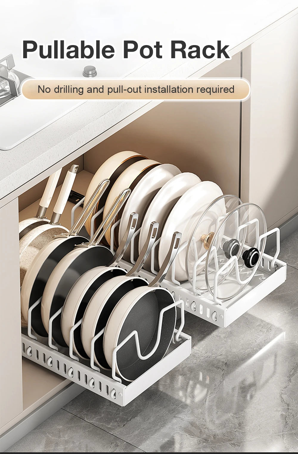 Pull out Pots and Pans Organizer Sliding Pot Lid Holder Kitchen Spice Rack Tableware Organizer Multifunctional Dish Drying Racks