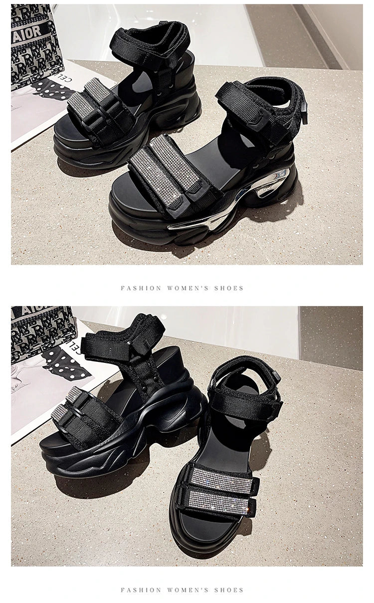 Summer High Platform Women Sandals Buckle 10CM Wedges Bling Shoes Fashion 2023 Outside Chunky Sandals Beach Casual Slides Woman
