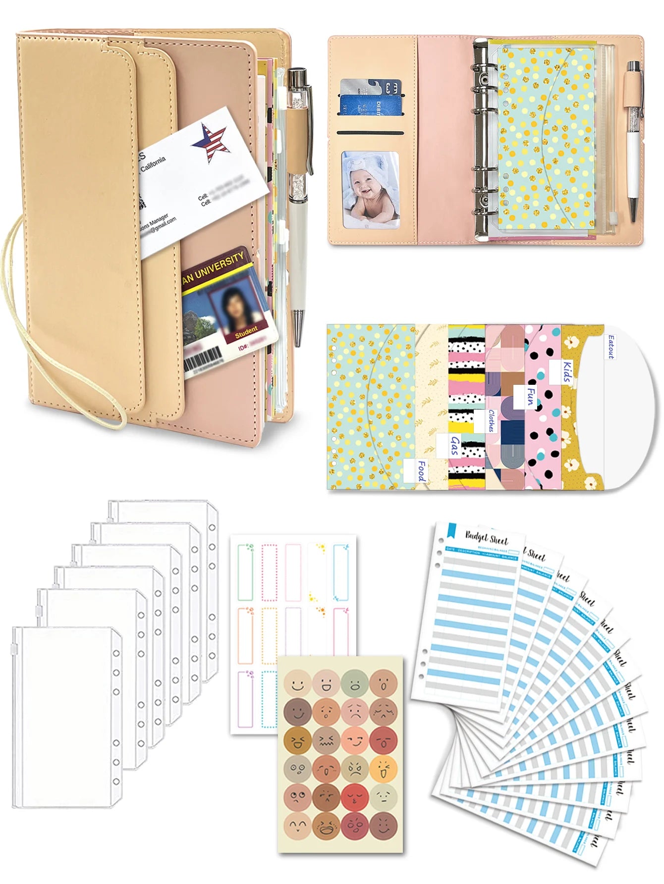 Budget Binder with Zipper Envelopes, Cash Envelopes with Budget Sheets, PVC Pockets, Cash Envelopes, Stickers & Pen