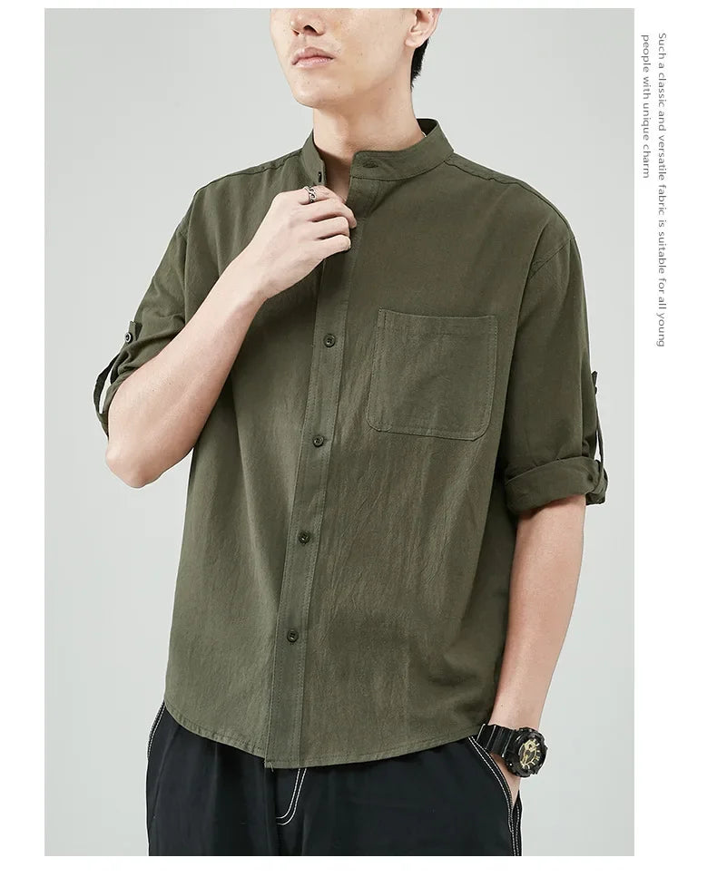 Line Shirt Men's Short-sleeved White Shirt Loose Chinese Style Summer Cotton Linen Casual Jacket Men's Quarter-sleeved Top