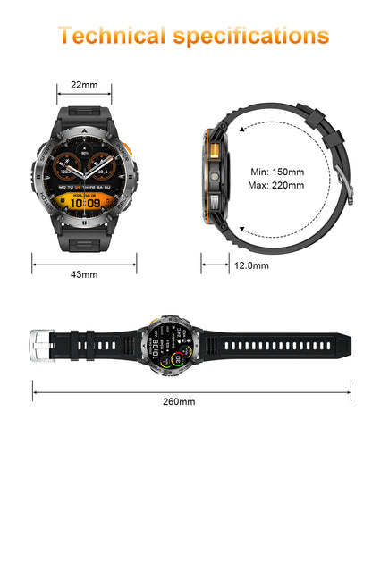 New Military Sports GPS Smart watch AMOLED HD IP68 outdoor NFC Sport Watch Fitness tracker Health monitor BT call LED flashlight