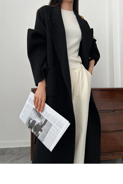 Office Lady Woolen Jackets 2024 Autumn And Winter Bathrobe Style Pocket Double-Sided Loose Lace -Up Tie Women's Long Wool Coats