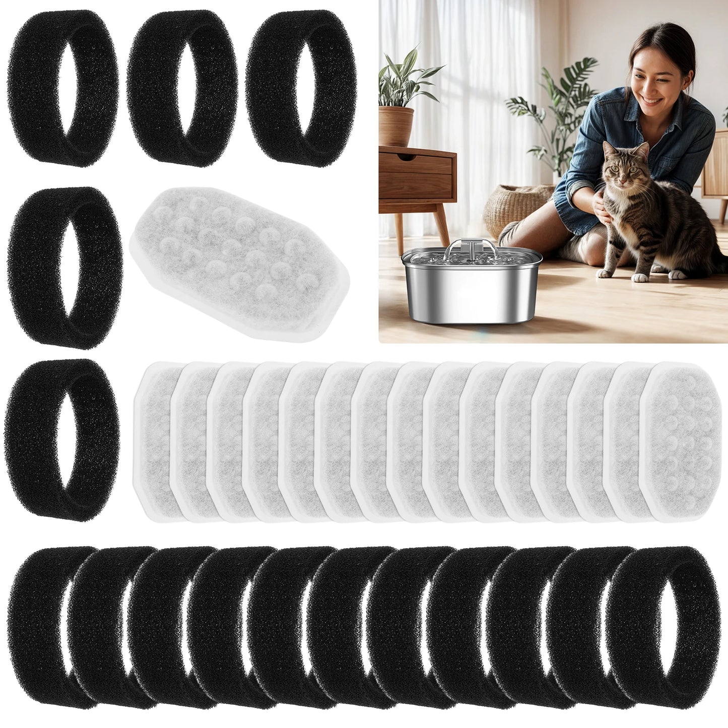 Pet Water Fountain Filter Replacement and Sponge 3 Filtration System Compatible with 3.2L Stainless Steel Cat Water Fountain