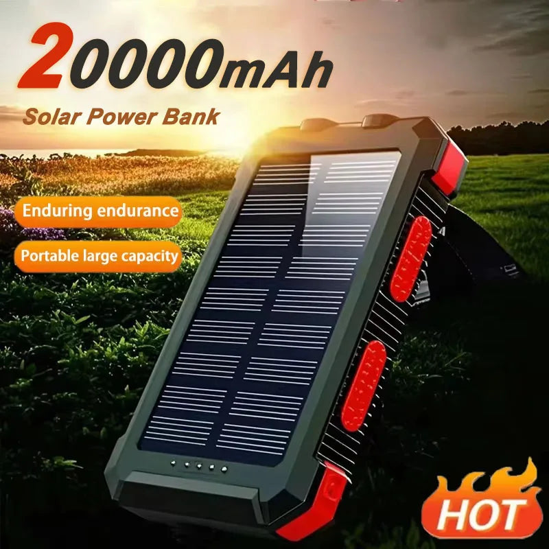 20000mah Waterproof Solar Powerbank Portable Large Capacity Charger Solar Fast Charging Waterproof With Compass For Ios Android