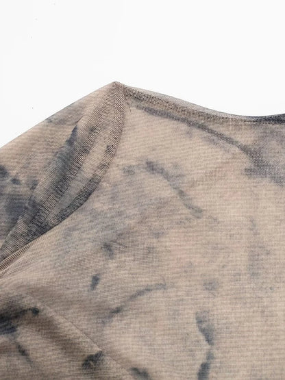 Tangada 2024 Women Print Pleated Mesh Dress Long Sleeve Sexy Famle Stand Collar Maxi Dresses 3H406