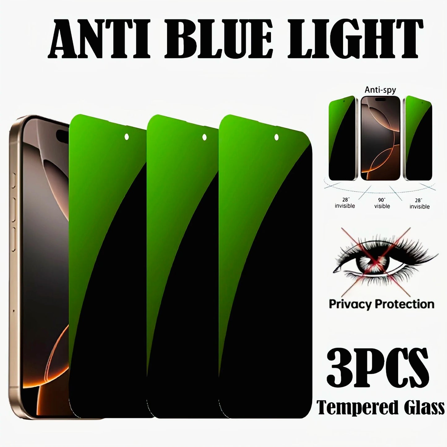 3 pcs Green Light Privacy Protection Anti Blue Light Tempered Glass Screen Protectors, Scratch-Resistant, Compatible With iPhone