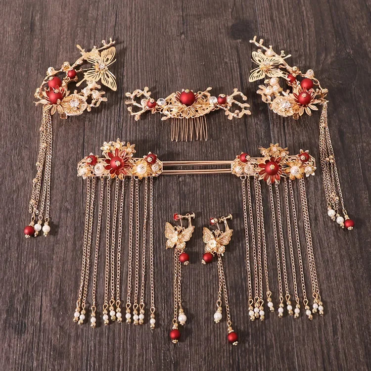 Xiuhe Headwear Accessories Chinese Hanfu Bridal Hair Accessories Set Tassel Dragon Phoenix Coat Hair Accessories Ancient Gifts