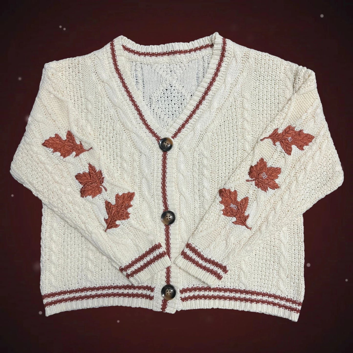 Autumn Leaves Cardigan Women Beige Knitted Cardigans with Red Maple Leaf Embroidery Folklore Girl Oversized Sweaters Tops Y2k